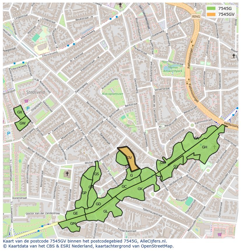 Afbeelding van het postcodegebied 7545 GV op de kaart.