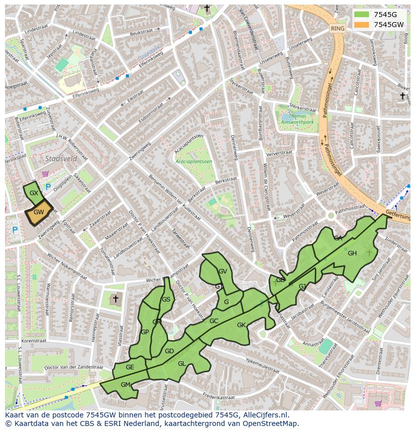 Afbeelding van het postcodegebied 7545 GW op de kaart.