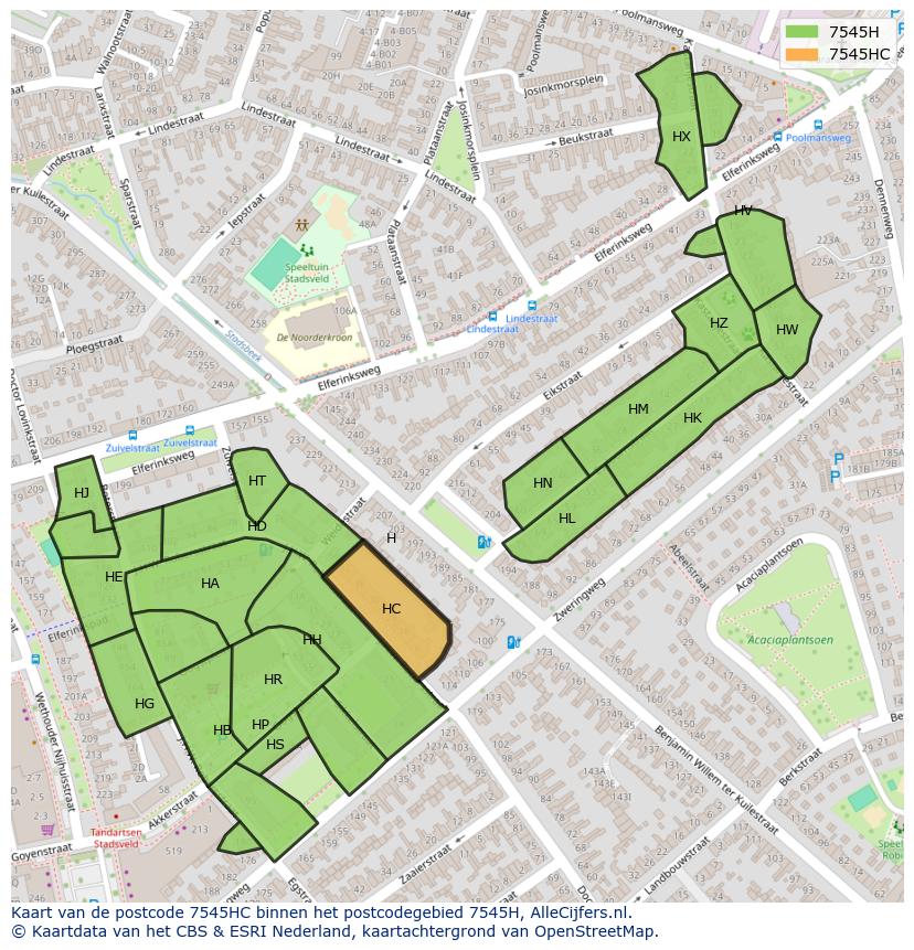 Afbeelding van het postcodegebied 7545 HC op de kaart.