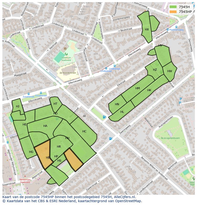 Afbeelding van het postcodegebied 7545 HP op de kaart.