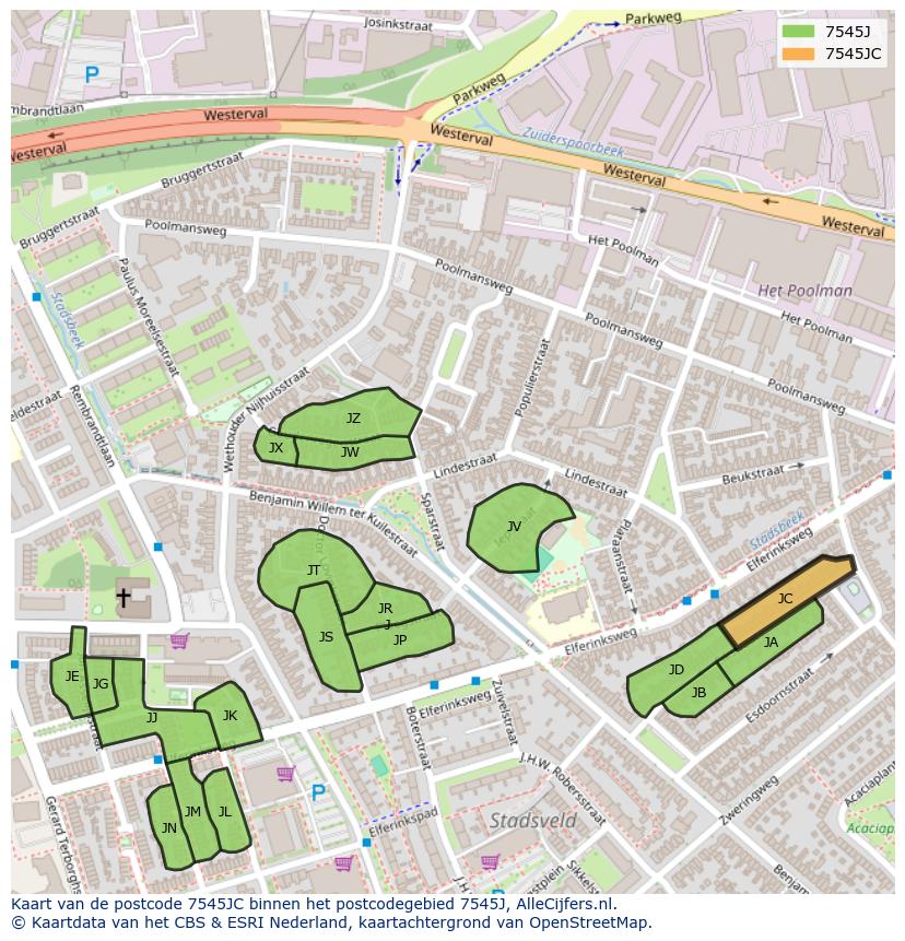 Afbeelding van het postcodegebied 7545 JC op de kaart.