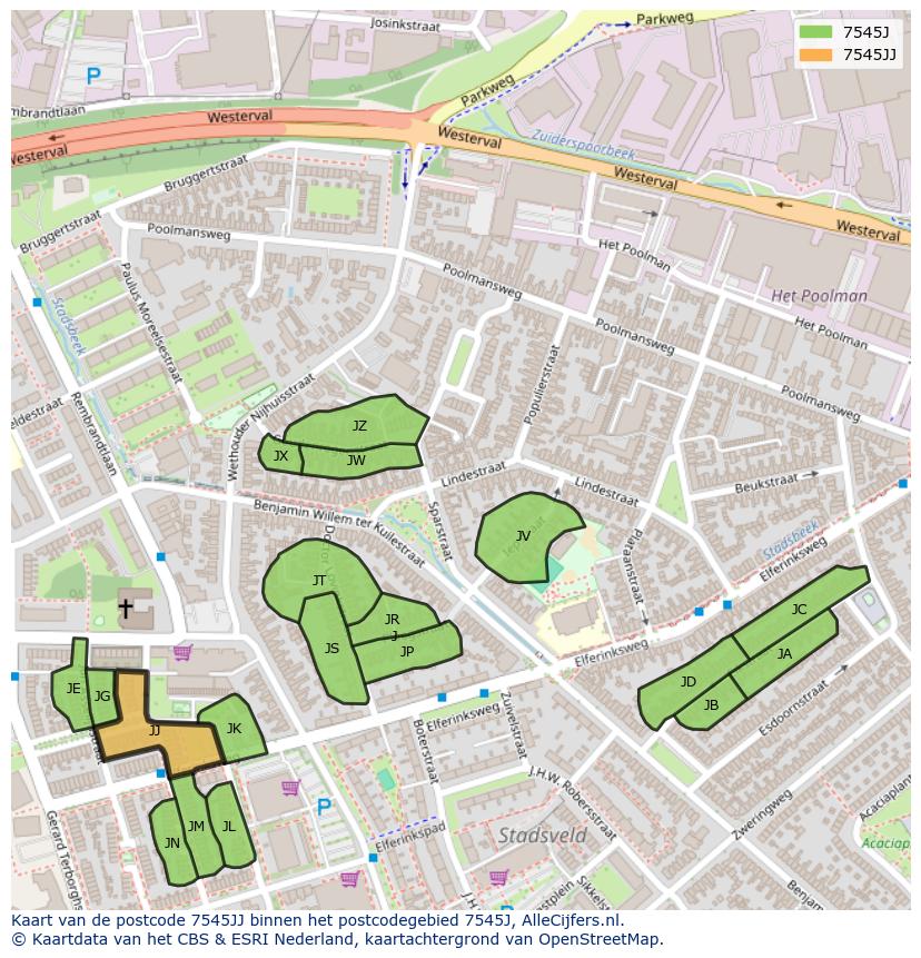 Afbeelding van het postcodegebied 7545 JJ op de kaart.