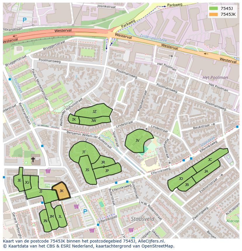 Afbeelding van het postcodegebied 7545 JK op de kaart.