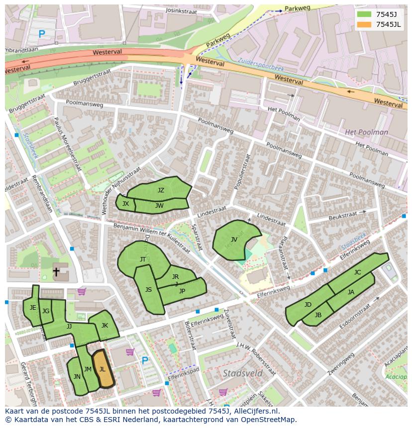 Afbeelding van het postcodegebied 7545 JL op de kaart.