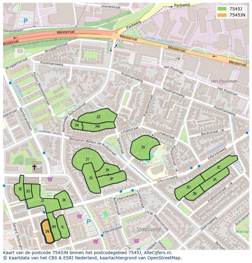 Afbeelding van het postcodegebied 7545 JN op de kaart.