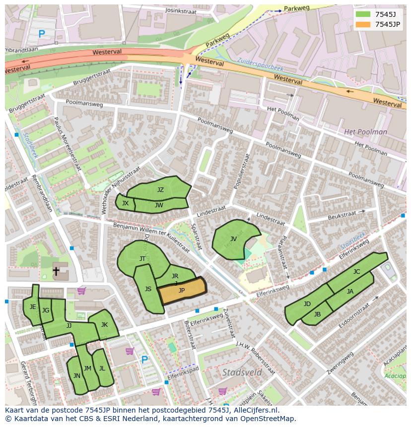 Afbeelding van het postcodegebied 7545 JP op de kaart.