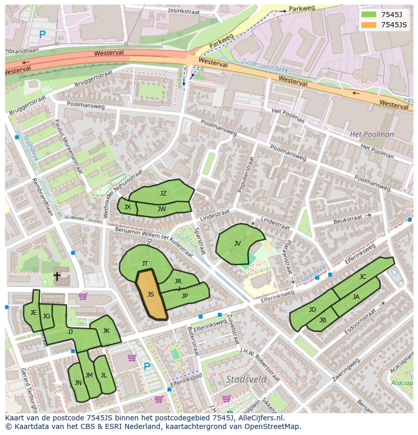 Afbeelding van het postcodegebied 7545 JS op de kaart.