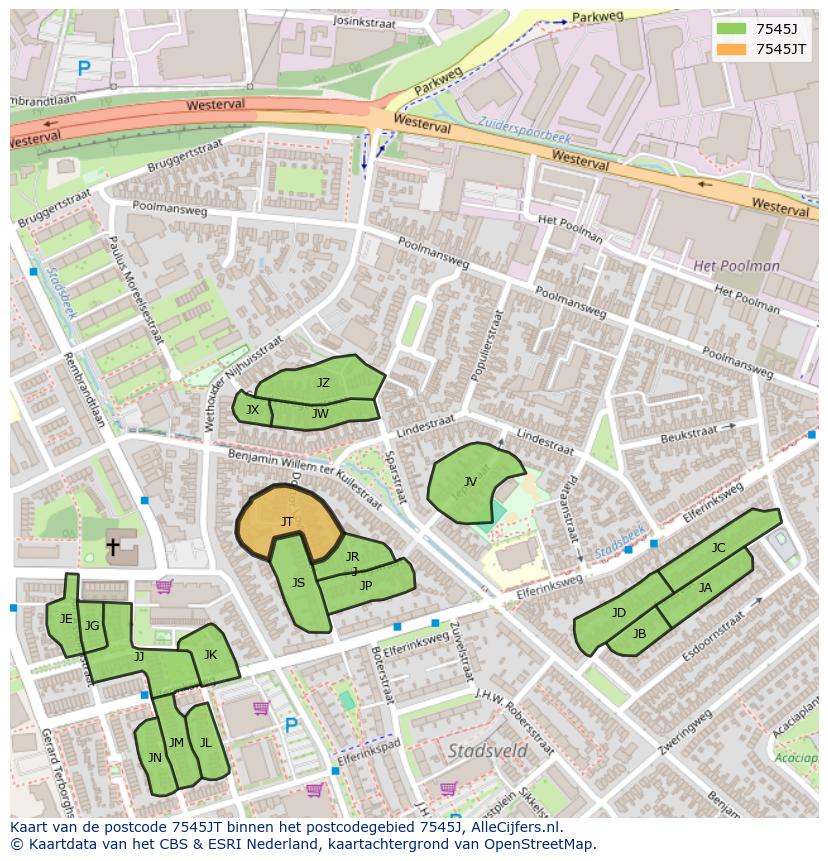 Afbeelding van het postcodegebied 7545 JT op de kaart.