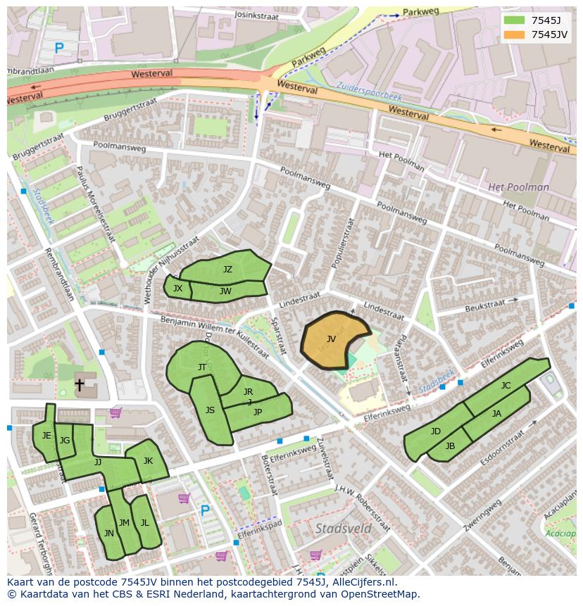 Afbeelding van het postcodegebied 7545 JV op de kaart.