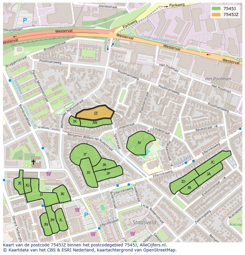 Afbeelding van het postcodegebied 7545 JZ op de kaart.