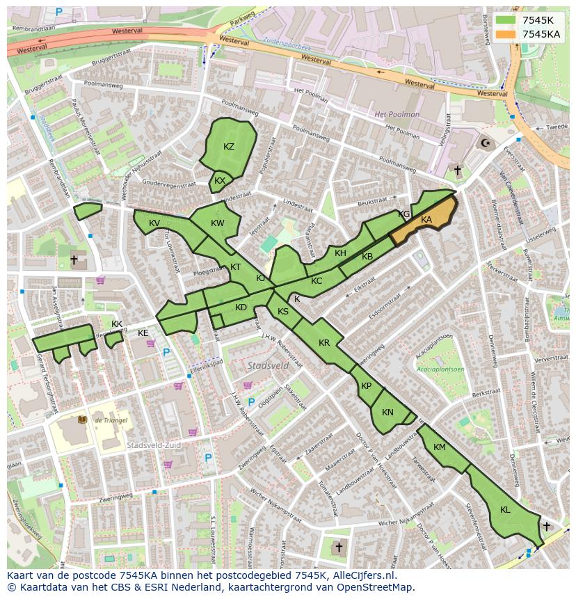 Afbeelding van het postcodegebied 7545 KA op de kaart.