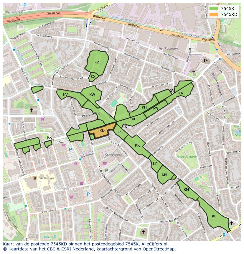 Afbeelding van het postcodegebied 7545 KD op de kaart.