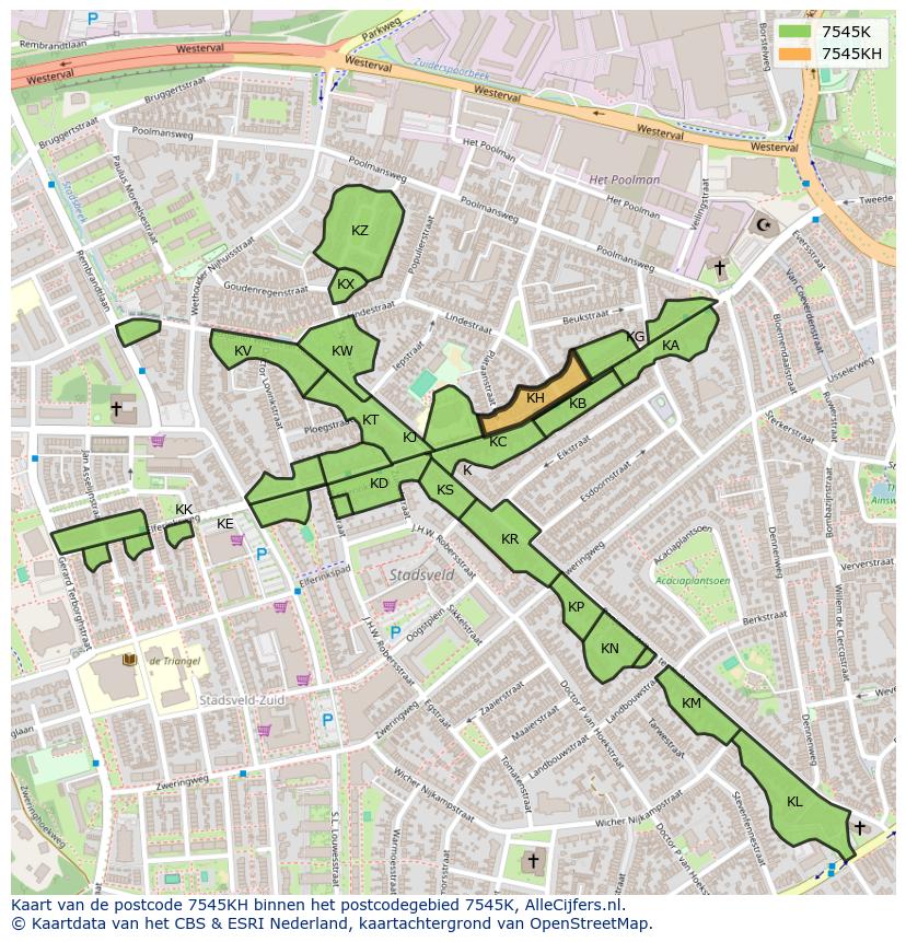 Afbeelding van het postcodegebied 7545 KH op de kaart.