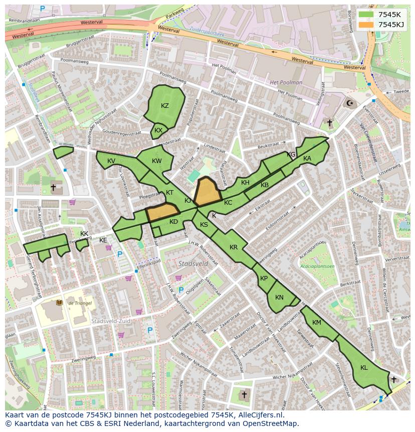 Afbeelding van het postcodegebied 7545 KJ op de kaart.