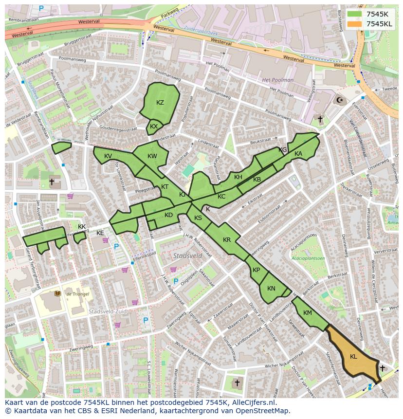Afbeelding van het postcodegebied 7545 KL op de kaart.