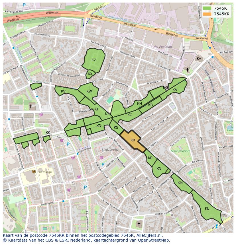Afbeelding van het postcodegebied 7545 KR op de kaart.