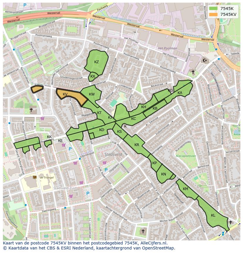 Afbeelding van het postcodegebied 7545 KV op de kaart.
