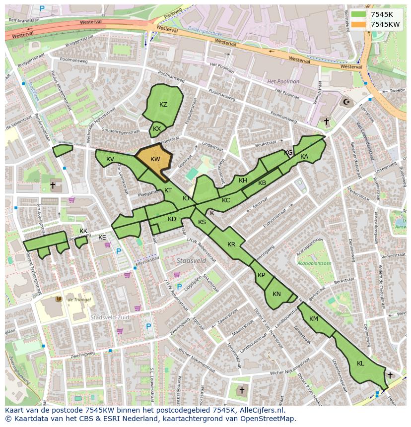 Afbeelding van het postcodegebied 7545 KW op de kaart.