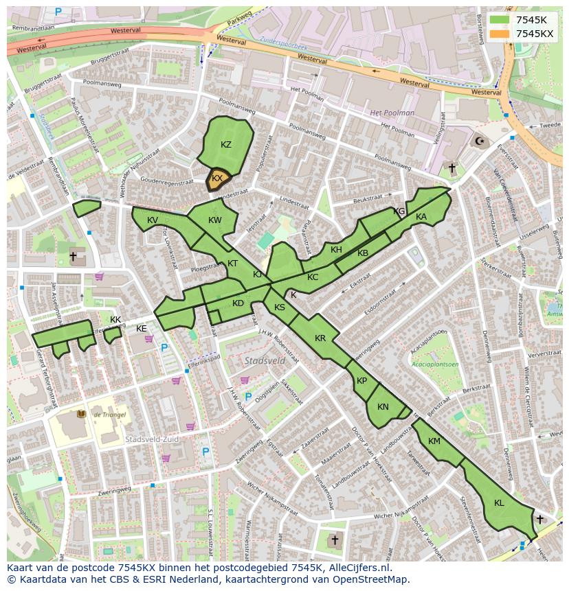Afbeelding van het postcodegebied 7545 KX op de kaart.
