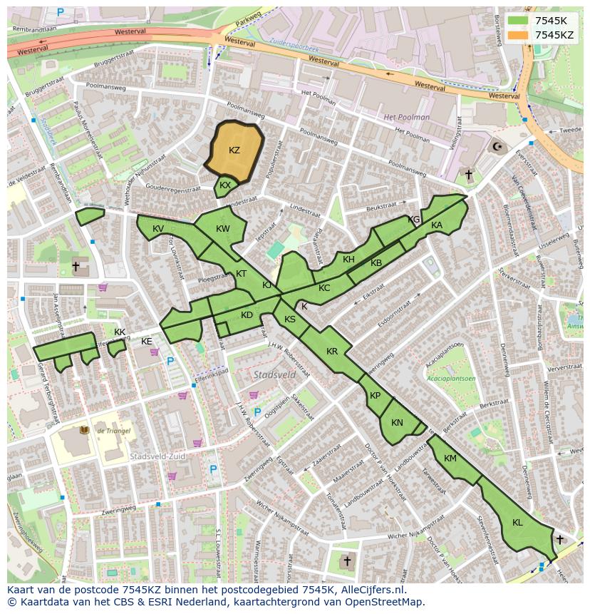 Afbeelding van het postcodegebied 7545 KZ op de kaart.