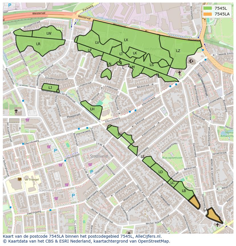 Afbeelding van het postcodegebied 7545 LA op de kaart.
