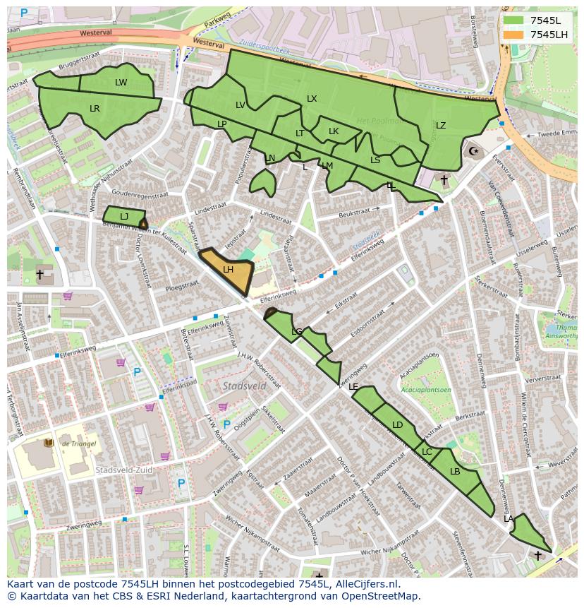 Afbeelding van het postcodegebied 7545 LH op de kaart.