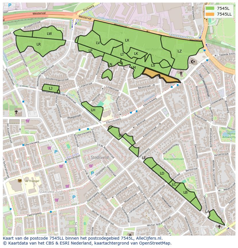 Afbeelding van het postcodegebied 7545 LL op de kaart.