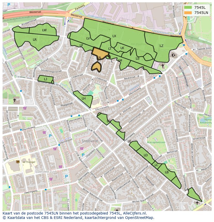 Afbeelding van het postcodegebied 7545 LN op de kaart.