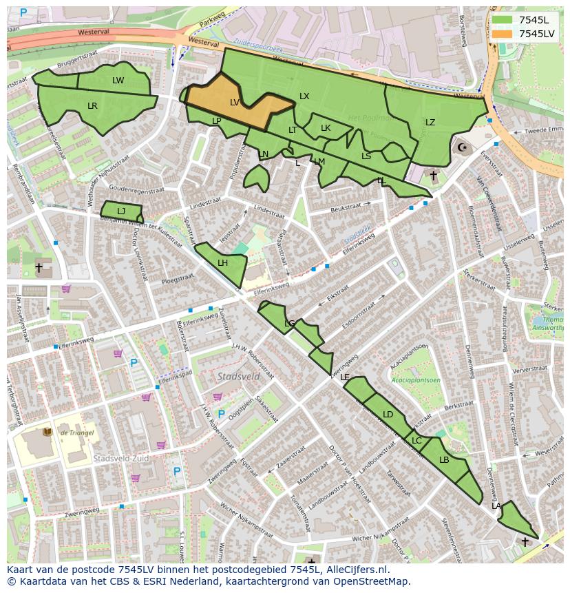 Afbeelding van het postcodegebied 7545 LV op de kaart.