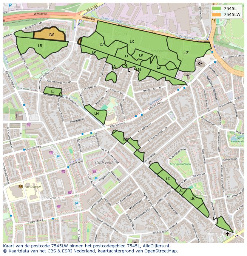 Afbeelding van het postcodegebied 7545 LW op de kaart.