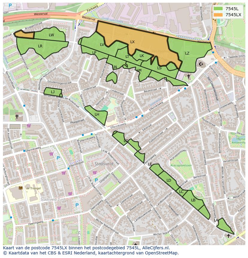 Afbeelding van het postcodegebied 7545 LX op de kaart.