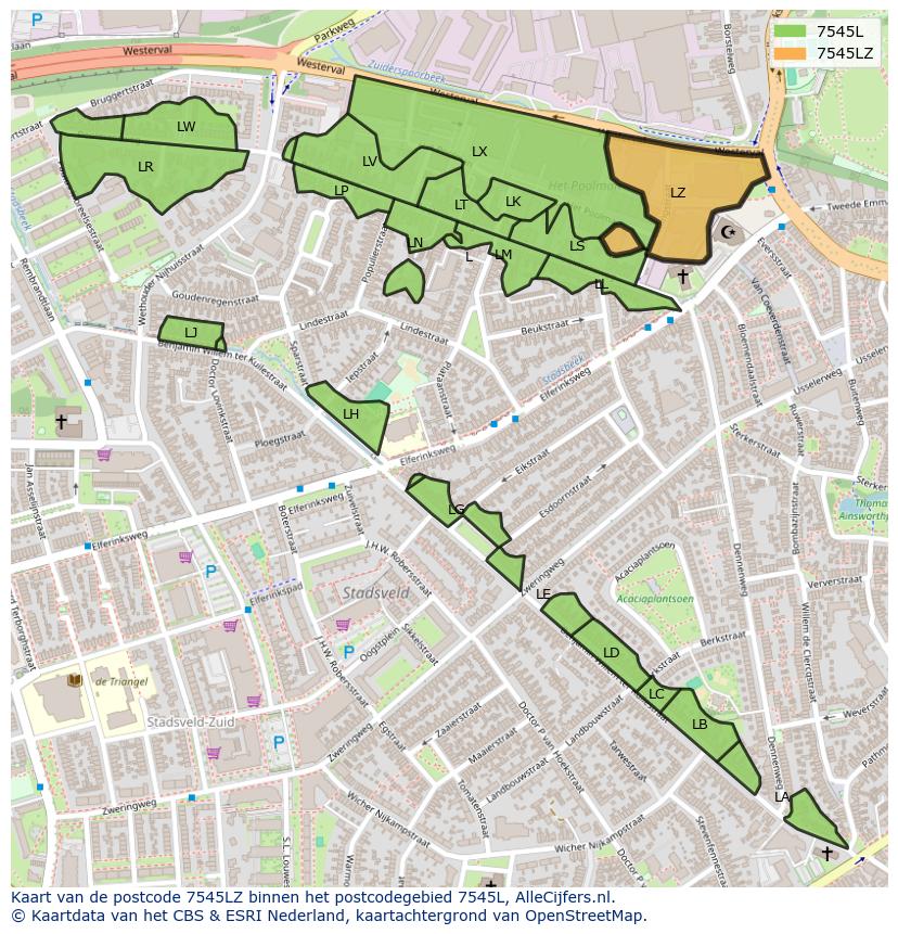 Afbeelding van het postcodegebied 7545 LZ op de kaart.