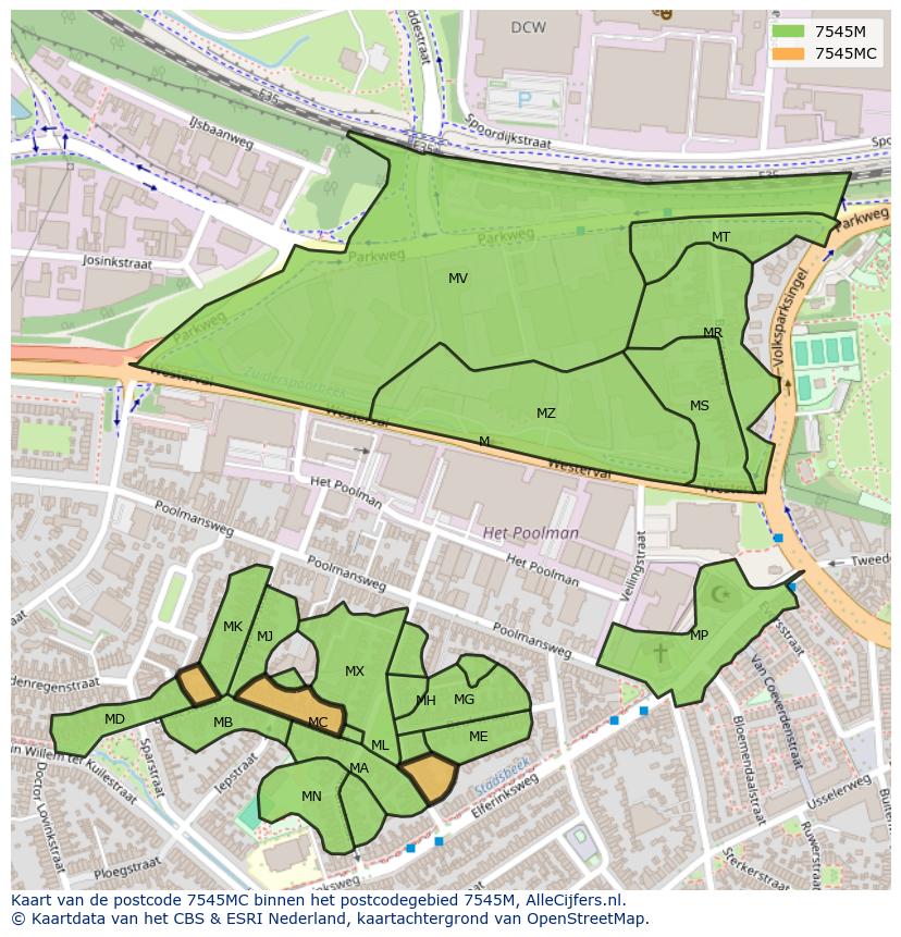 Afbeelding van het postcodegebied 7545 MC op de kaart.