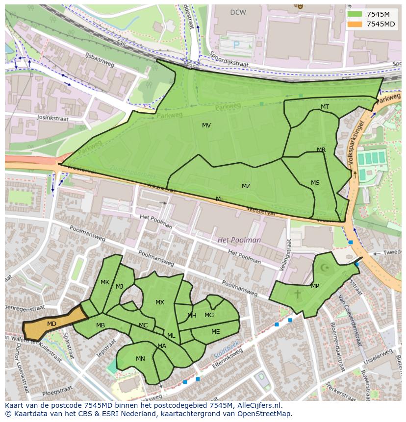 Afbeelding van het postcodegebied 7545 MD op de kaart.