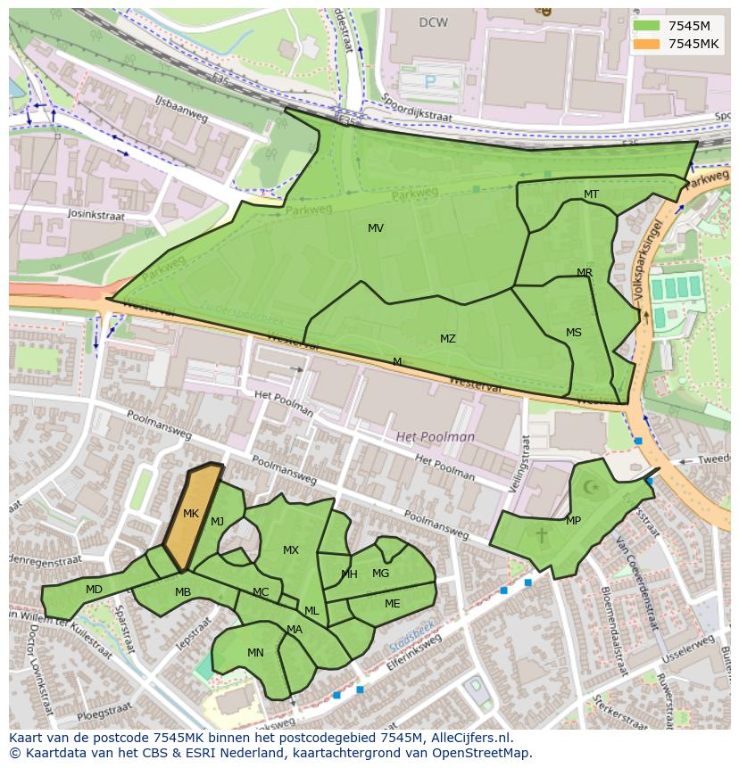 Afbeelding van het postcodegebied 7545 MK op de kaart.