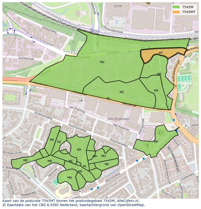 Afbeelding van het postcodegebied 7545 MT op de kaart.
