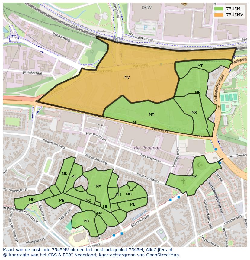 Afbeelding van het postcodegebied 7545 MV op de kaart.