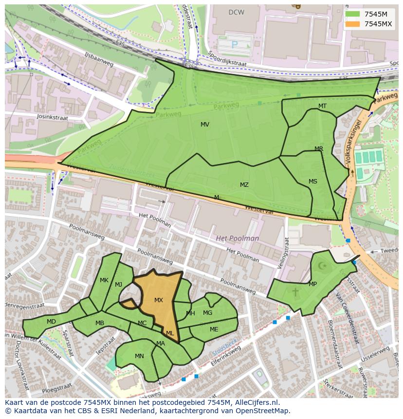 Afbeelding van het postcodegebied 7545 MX op de kaart.