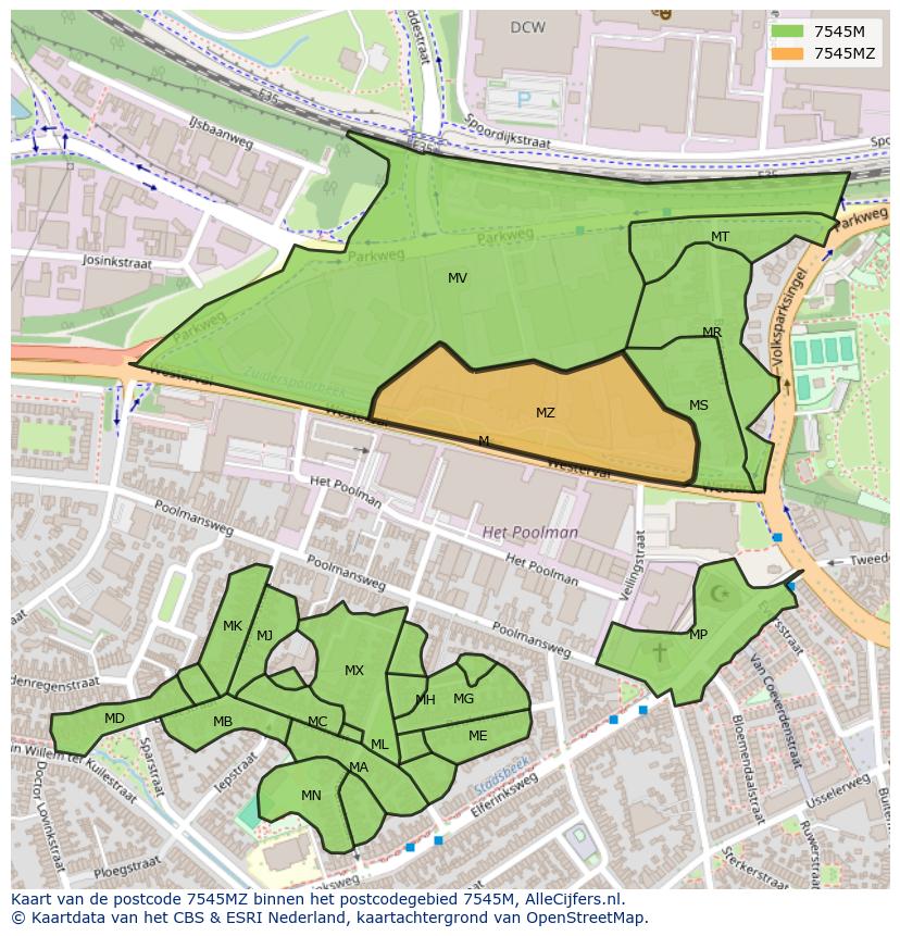 Afbeelding van het postcodegebied 7545 MZ op de kaart.