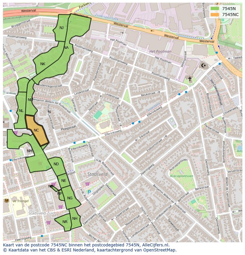 Afbeelding van het postcodegebied 7545 NC op de kaart.