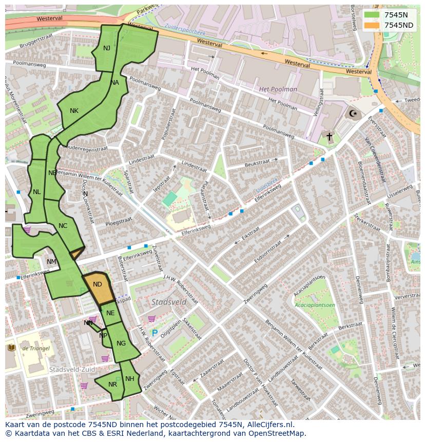 Afbeelding van het postcodegebied 7545 ND op de kaart.