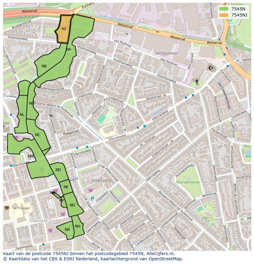 Afbeelding van het postcodegebied 7545 NJ op de kaart.