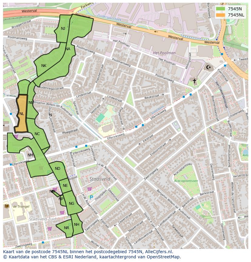 Afbeelding van het postcodegebied 7545 NL op de kaart.