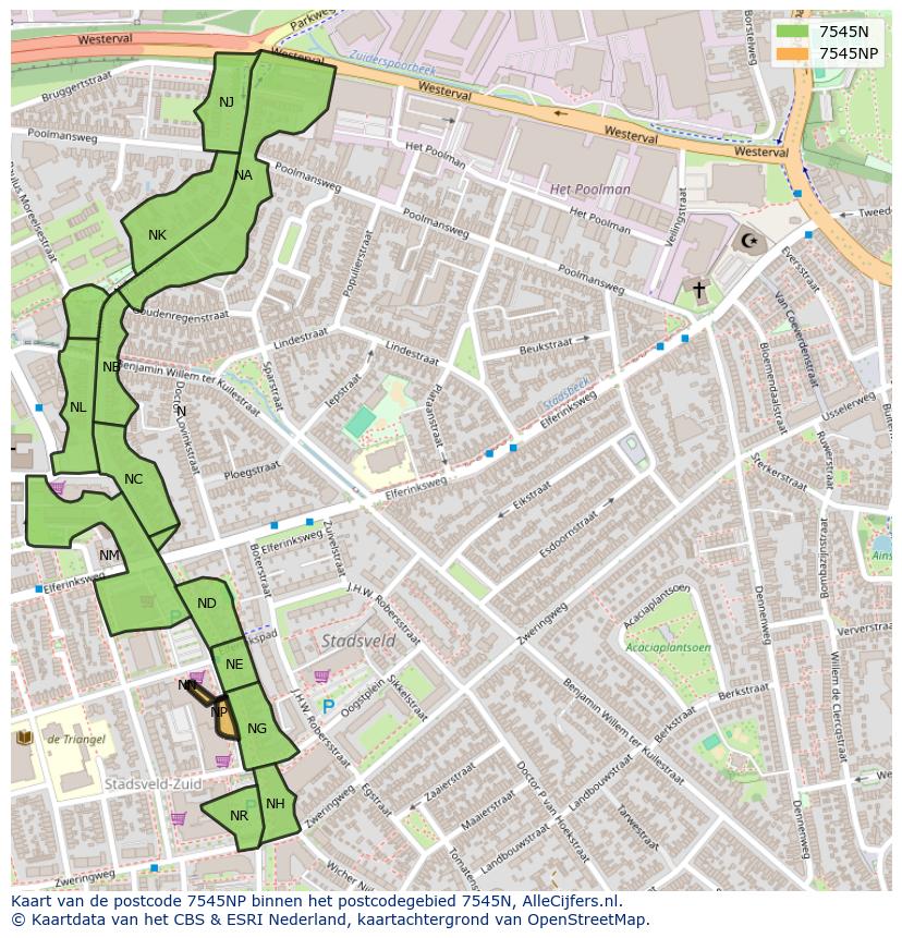 Afbeelding van het postcodegebied 7545 NP op de kaart.