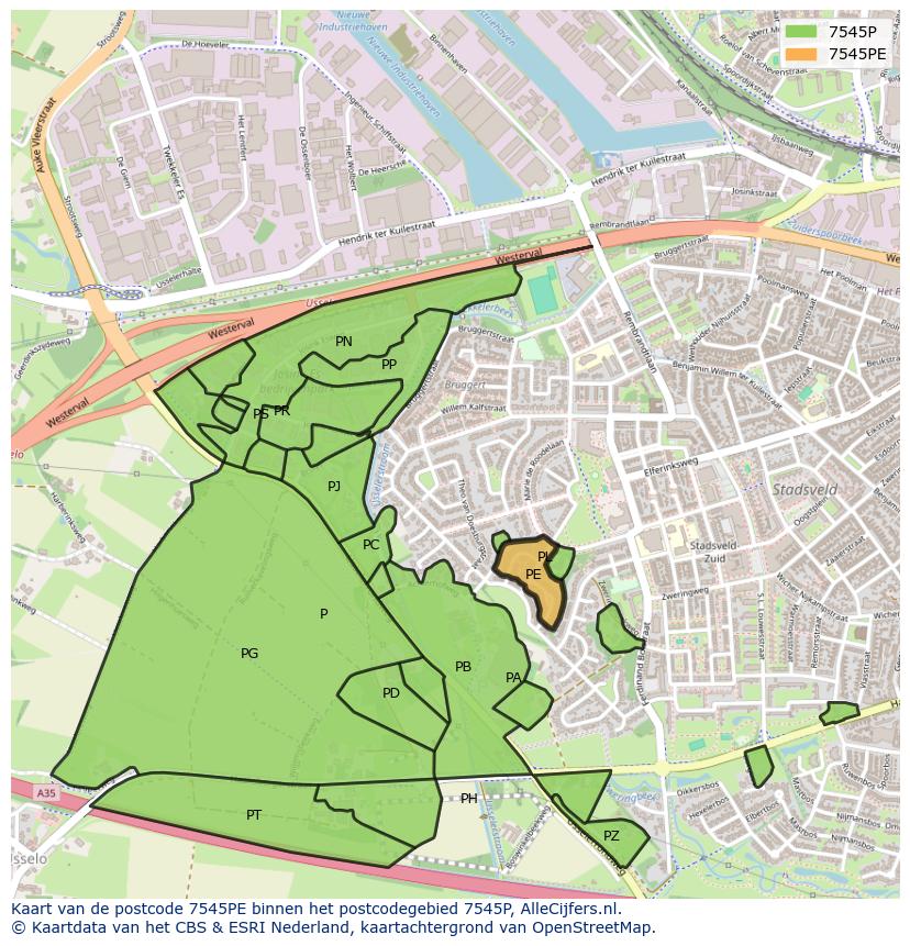 Afbeelding van het postcodegebied 7545 PE op de kaart.