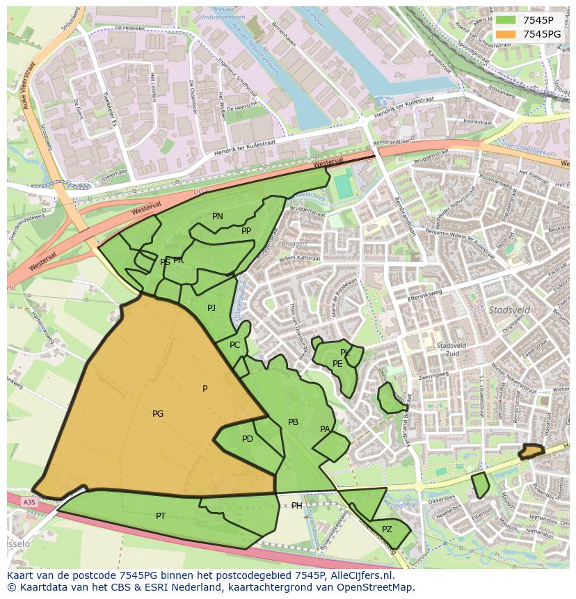 Afbeelding van het postcodegebied 7545 PG op de kaart.