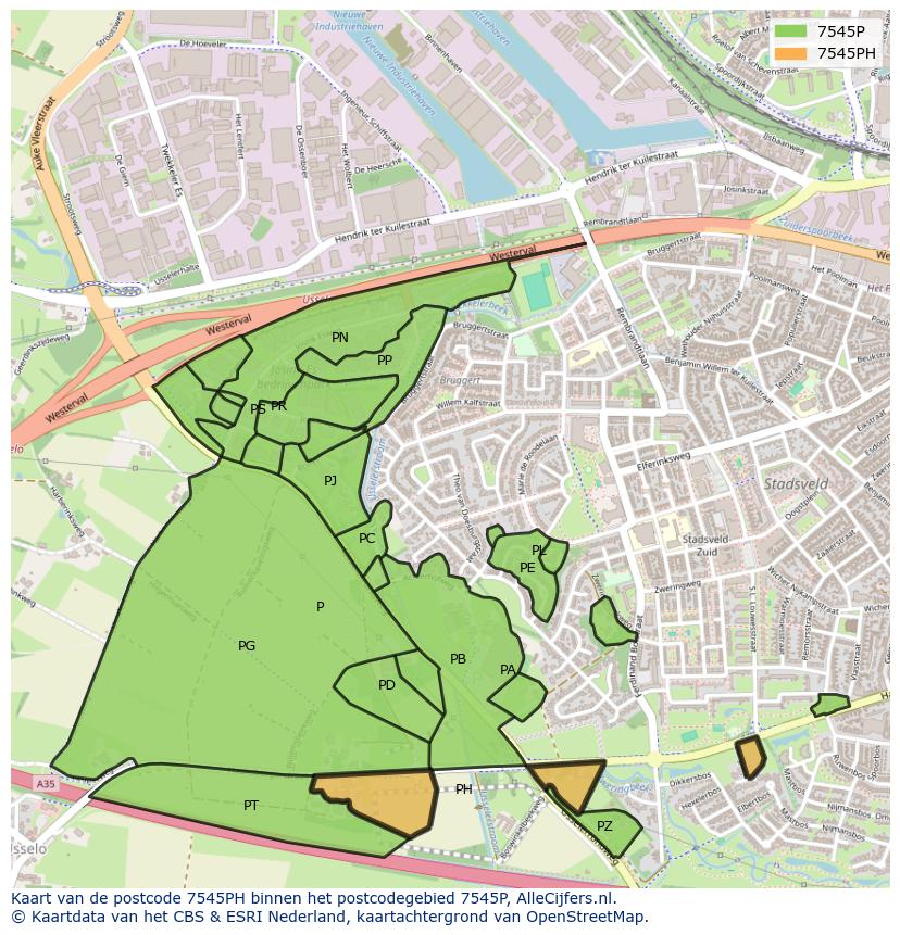 Afbeelding van het postcodegebied 7545 PH op de kaart.