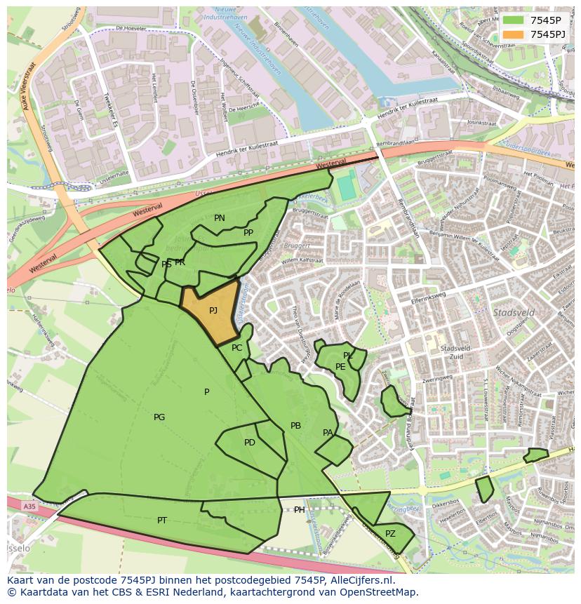 Afbeelding van het postcodegebied 7545 PJ op de kaart.