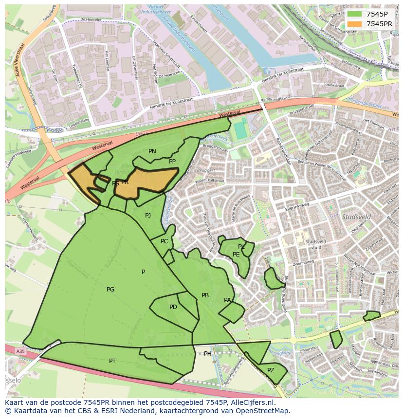 Afbeelding van het postcodegebied 7545 PR op de kaart.