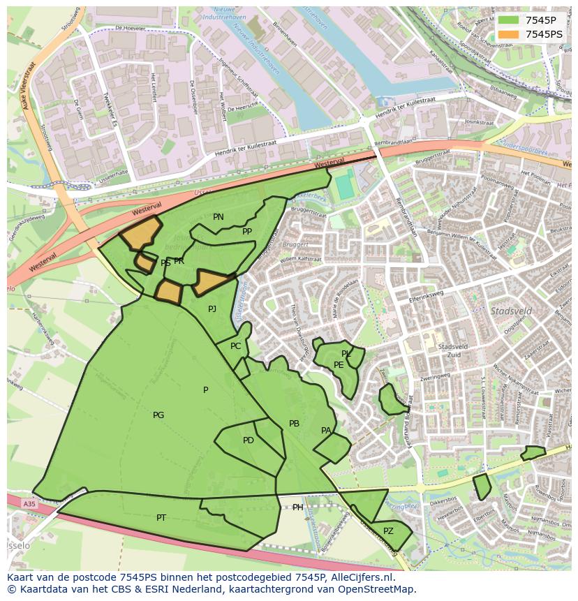 Afbeelding van het postcodegebied 7545 PS op de kaart.